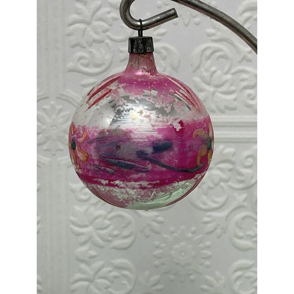 Antique Vintage Blown Glass Pink Painted FLOWER BALL Christmas Ornament Germany